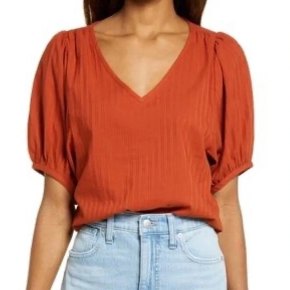 Madewell Burnt Orange Puff Sleeve Relaxed Peasant Top‎ Textured XS Boho Festival